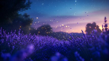 Naklejka premium Enchanting Lavender Field at Night: Fireflies and Stars