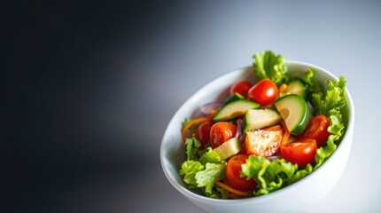 A vibrant bowl of fresh vegetable salad featuring cherry tomatoes, cucumber slices, shredded carrots, lettuce, onions, and dates, showcasing a healthy and colorful meal option