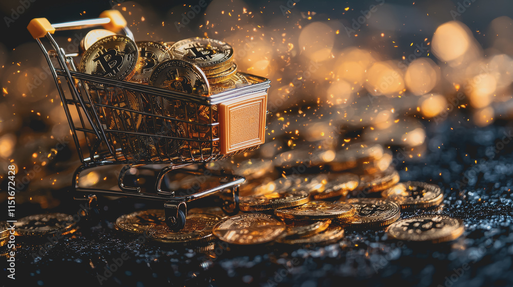 Poster shopping cart overflowing with shiny coins surrounded by a pile of coins symbolizing wealth prosperi