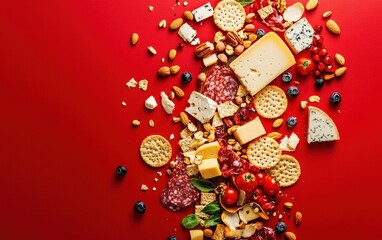 A colorful charcuterie board with crackers, cheese, and nuts flying apart on a bright red background