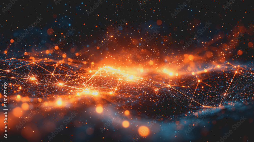 Poster vibrant abstract composition featuring bright orange and blue background with a dynamic network of l
