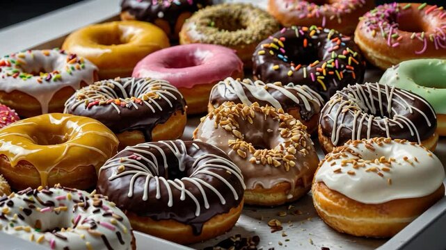 Video footage of variety of colorful, frosted donuts with different toppings, including sprinkles, nuts, and drizzles, arranged on a tray