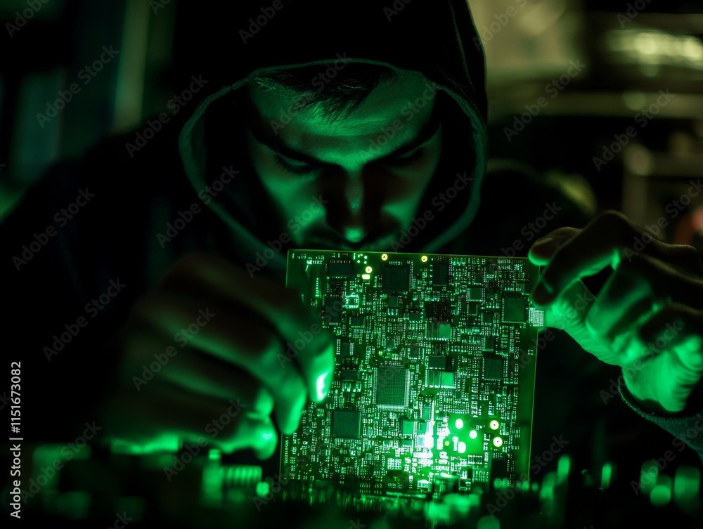 Poster hacker in dark room with glowing circuit board