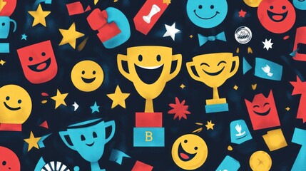 Icons celebrating entrepreneurial success with trophies, medals, and smiling figures, highlighting achievements in the business world.
