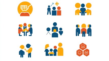 Icons representing community engagement, including group meetings, volunteer work, and partnerships, with soft gradients and people-oriented visuals.