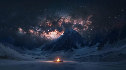 Fototapeta premium Majestic Night Landscape: Campfire Under the Milky Way