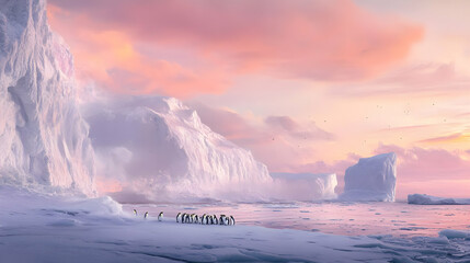 Majestic Antarctic Sunset: Penguins on Icebergs