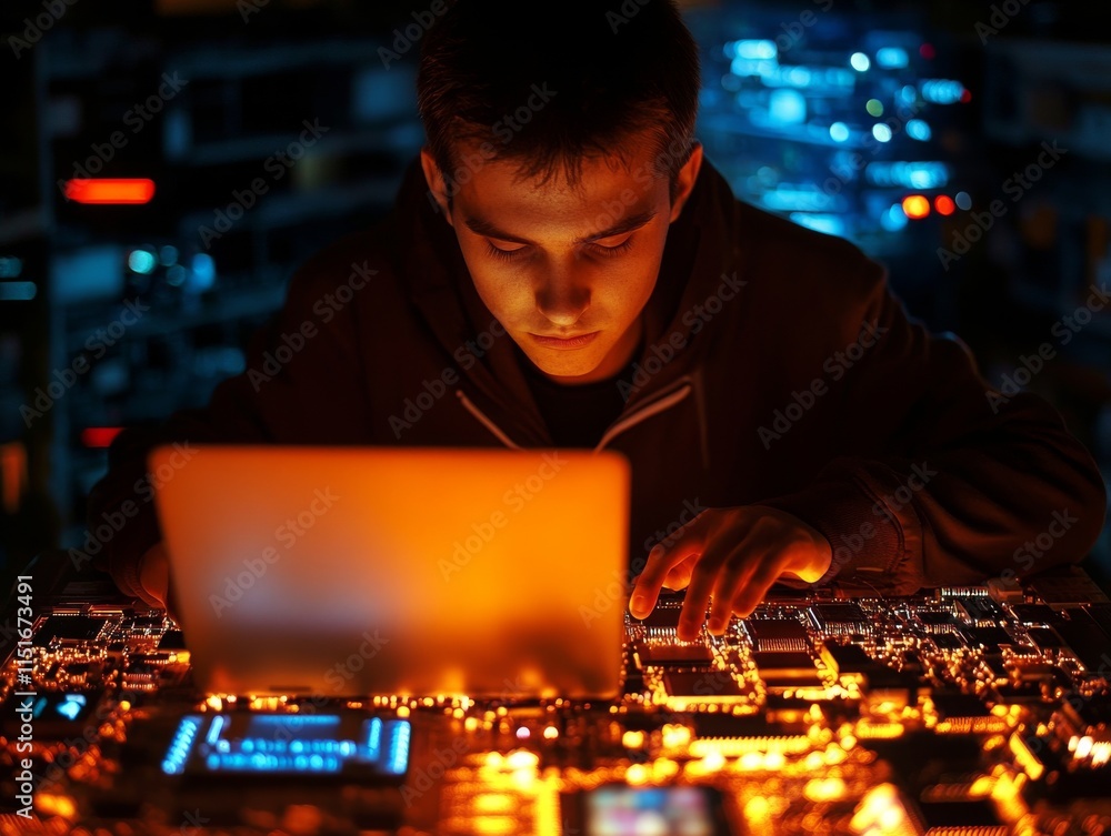 Poster hacker working on laptop with glowing technology