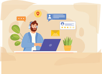 n illustration depicting customer support and inquiry response, featuring a support agent responding to a customer’s inquiry through a digital chat interface