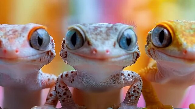 A group of playful geckos wear pink sunglasses standing on a colorful rainbow-striped surface 