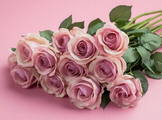 Fototapeta premium Pink roses on a pink background, a flat lay top view. pink roses against a pastel pink background.