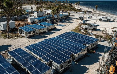 A disaster relief center powered by mobile solar panels in a post-hurricane zone