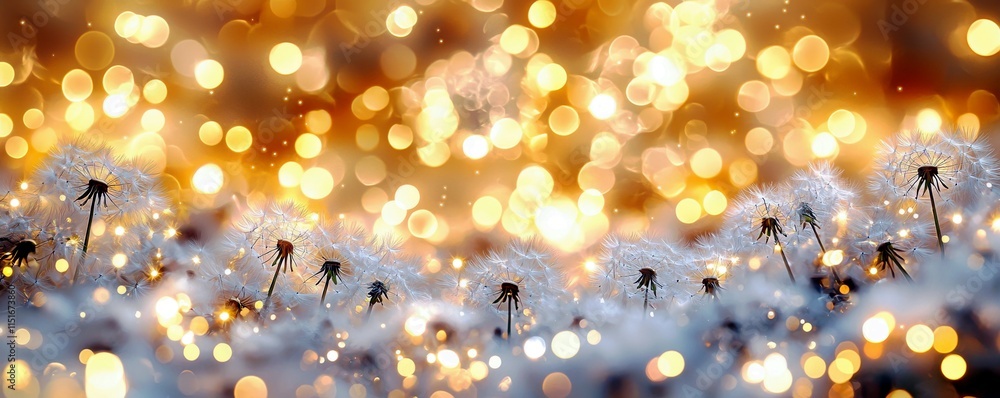 Poster soft shimmering dandelion seeds glowing against a golden background with sparkling bokeh lights crea