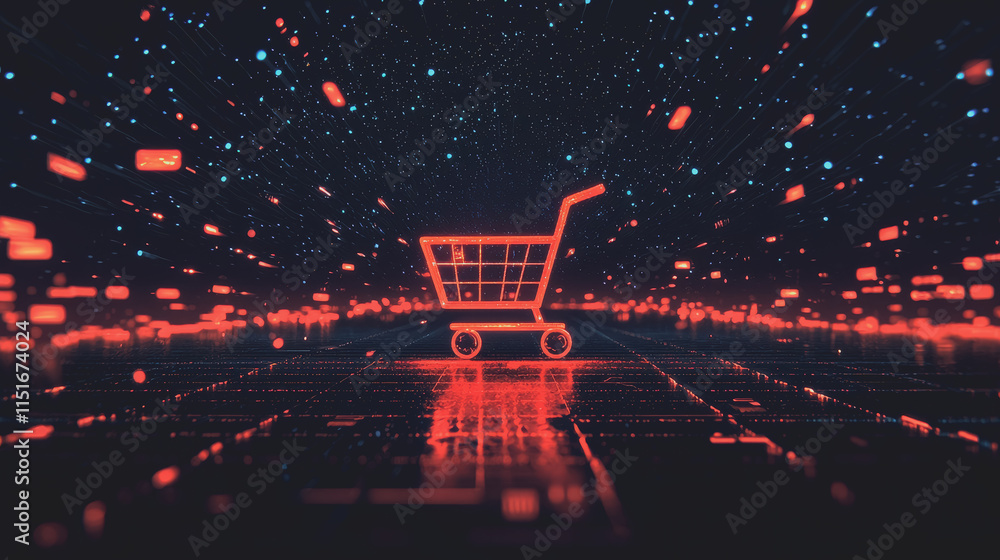 Poster a shopping cart positioned in a dimly lit room with striking bright lights creating a unique contras