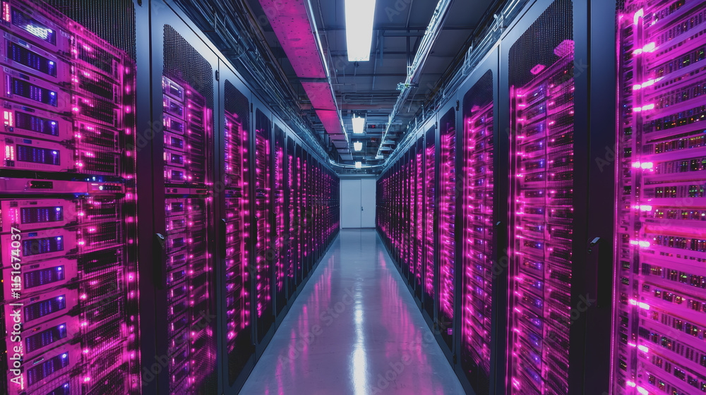 Poster a long hallway filled with rows of gleaming servers illuminated by soft blue light creating a high-t