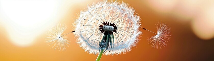 Close-up of Dandelion Seed Head with Floating Seeds Against a Soft Blurred Background of Warm Colors in Nature During a Calm Day