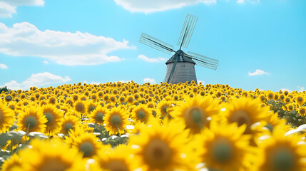 Sunflowers and Windmill: A Serene Summer Landscape