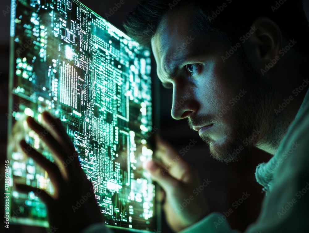 Poster intense focus on glass screen with code patterns