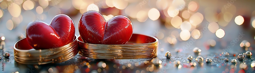 Poster pair of shiny red hearts in gold containers surrounded by soft lights creating a romantic and warm a