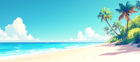 A vibrant tropical beach with white sands, turquoise waters, and lush palm trees swaying gently in the breeze under a cloudless sky