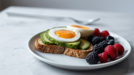 A vibrant breakfast toast topped with avocado slices, a sunny-side-up egg, blueberries, and strawberries, served on a white plate