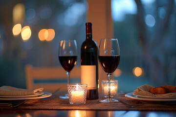 a beautifully set table for two with flickering candles, elegant tableware and a bottle of wine