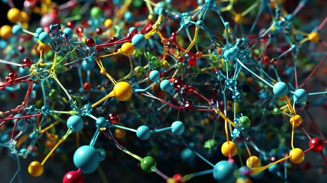 Video footage of colorful, intricate network of interconnected nodes and lines, resembling a neural network or molecular structure, showcasing complexity and connectivity