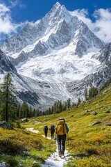 Fototapeta premium Scenic Mountain Views, Epic Journey Hikers Embark on an Adventure Through Picturesque Trails