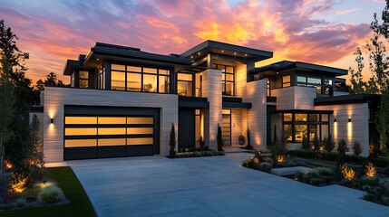 Fototapeta premium Close Up of Modern Architectural Home with Sunset Ambiance