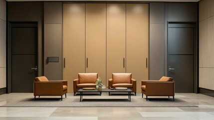 Modern office waiting area with leather armchairs, coffee table, and wall paneling.