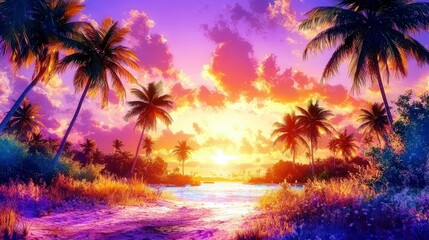 Vibrant Sunset Over Tropical Beach with Palm Trees and Colorful Sky Illuminating the Tranquil Waters and Scenic Landscape of Nature's Beauty