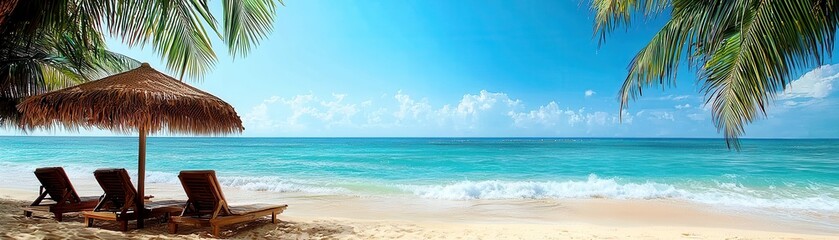 Fototapeta premium Serene Beach Paradise with Palm Trees, Lounge Chairs, and Crystal Clear Waters Under Bright Blue Sky and Soft White Clouds