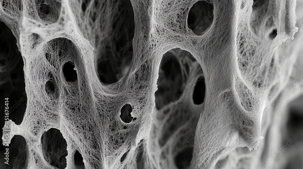 Poster intricate web-like structure with holes, grayscale. ideal for concepts of fragility, networks, or de
