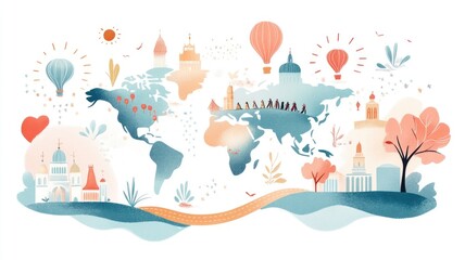 Fototapeta premium Whimsical world map with landmarks and hot air balloons illustrating global unity and adventure