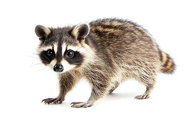 A cute young raccoon standing on a white background.