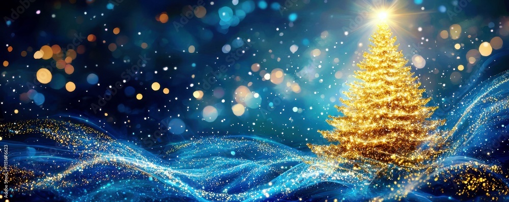 Aufkleber sparkling christmas tree on a vibrant blue background with bokeh lights and snowflakes creating a ma
