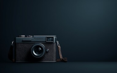 Vintage camera on dark background with copy space.