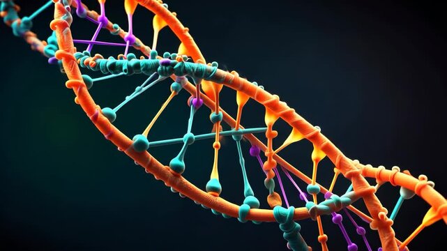 Video footage of vibrant 3D rendering of a DNA double helix with orange, blue, and purple strands, showcasing the intricate structure of genetic material