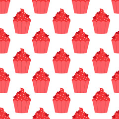 Seamless pattern with Red Valentine Day Cupcake with sprinkles. Vector flat illustration.