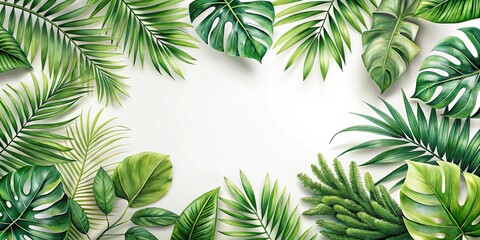 Naklejka premium Lush Tropical Foliage Frame with White Background Ideal for Summer Designs and Projects