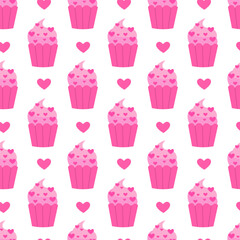 Seamless pattern with Pink Valentine Day Cupcake with hearts. Vector flat illustration.