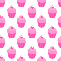 Seamless pattern with Pink Valentine Day Cupcake with heart. Vector flat illustration.