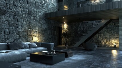 Modern Dark Living Room Interior Design with Stone Walls and Staircase