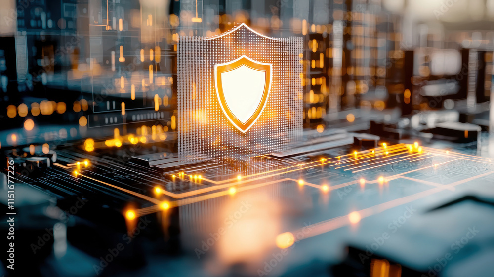 Poster digital security concept with glowing shield on circuit board