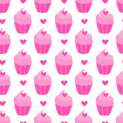 Seamless pattern with Pink Valentine Day Cupcake with hearts. Vector flat illustration.