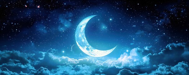 Fototapeta premium Serene Night Sky with Crescent Moon and Starry Background Illuminating Clouds in a Magical Twilight Atmosphere