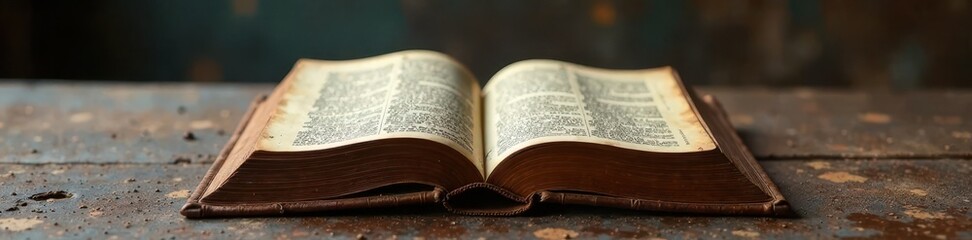 Obraz premium Ancient tome bound in worn leather lies open on a dusty altar, antique books, eerie atmosphere