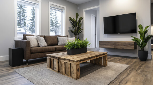 Cozy living room with rustic pallet coffee table and modern decor - Powered by Adobe