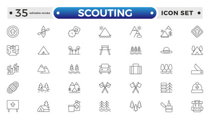Scouting outline icons showing the equipment and activities for hiking, camping and outdoor education including fire, cooking, backpack, tent, canoe, compass, canteen. Editable stroke outline icon.
