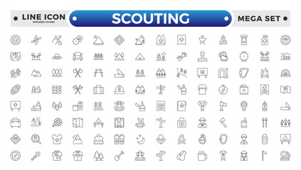Scouting outline icons showing the equipment and activities for hiking, camping and outdoor education including fire, cooking, backpack, tent, canoe, compass, canteen. Editable stroke outline icon.
